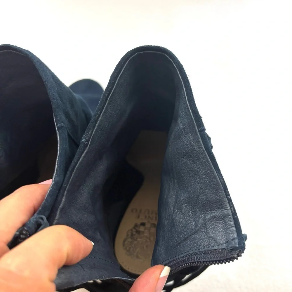 Vince Camuto‎ Navy Suede Leather Fringe Stiletto Heel Open Toe Booties (8)
